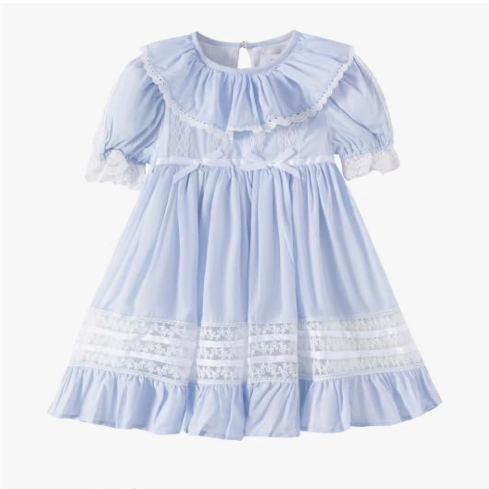 Blue Formal Dress with Ruffled Collar and Lace Trim
